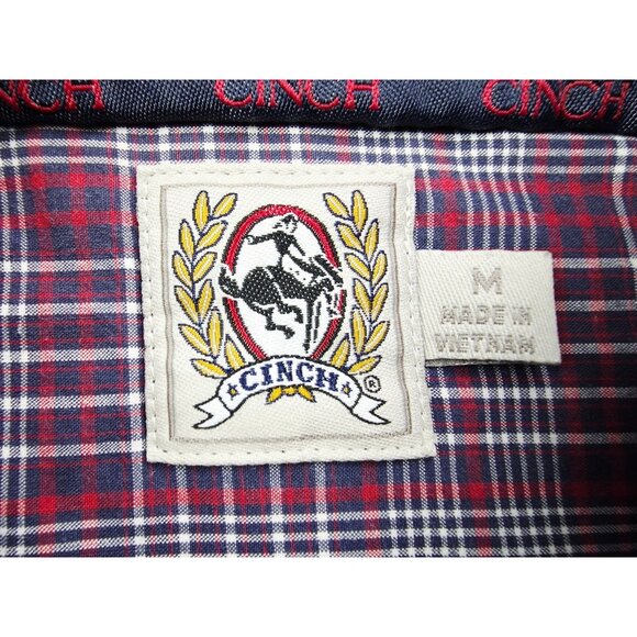 Cinch Medium Men Red White Blue Plaid Embroidered Pocket Logo Short Sleeve Shirt - Picture 4 of 11